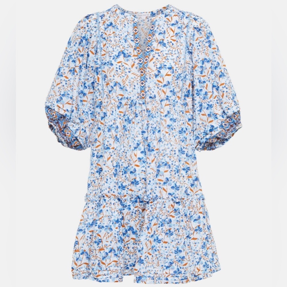 Poupette St Barth Aria Floral Tiered Puff Sleeve Dress in Blue and White Size XS - Picture 8 of 9